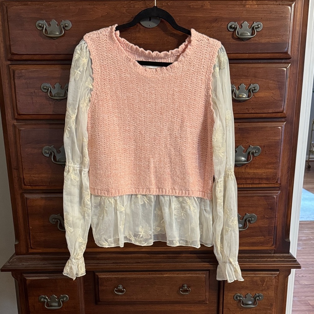 Anthropologie Pink Sweater with Sheer Cream Sleeves